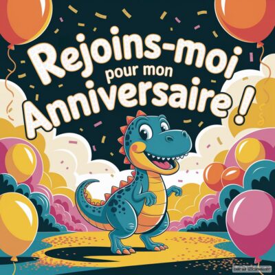 Invitation d'anniversaire virtuelle pour enfants, thème dinosaure : un dinosaure souriant avec des ballons colorés et le texte « Rejoins-moi pour mon Anniversaire ! ».