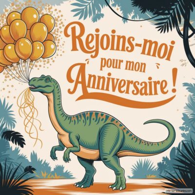 Image colorée d'un dinosaure tenant des ballons, accompagnée du texte « Rejoins-moi pour mon Anniversaire ! » sur un fond de jungle.