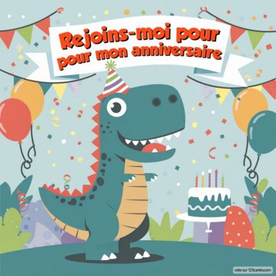 Invitation d'anniversaire virtuelle pour enfants avec un dinosaure souriant, des ballons et un gâteau coloré. Thème dinosaure festif.