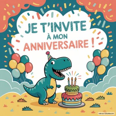 Invitation anniversaire sur le thème dinosaure : un T-Rex souriant avec un gâteau et des ballons colorés.