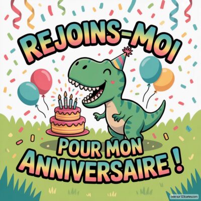 Texte ALT : Dinosaure joyeux avec un chapeau d'anniversaire devant un gâteau et des ballons, invitant à une fête d'anniversaire.