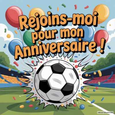 Invitation d'anniversaire virtuelle pour enfants, thème foot, avec un ballon de foot et des ballons colorés en arrière-plan.