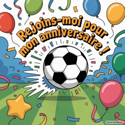 Invitation anniversaire virtuelle pour enfants sur le thème du foot, avec un ballon de football et des ballons colorés.