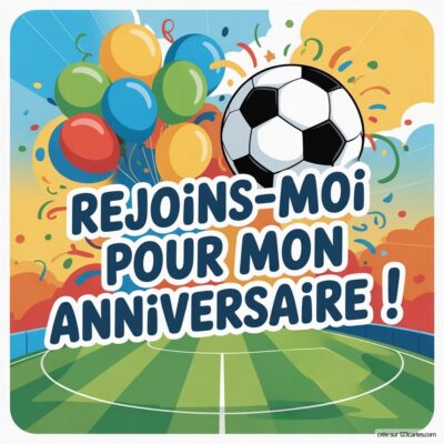 Invitation anniversaire virtuelle pour enfants sur le thème du foot, avec un ballon, des ballons colorés et un terrain de foot.