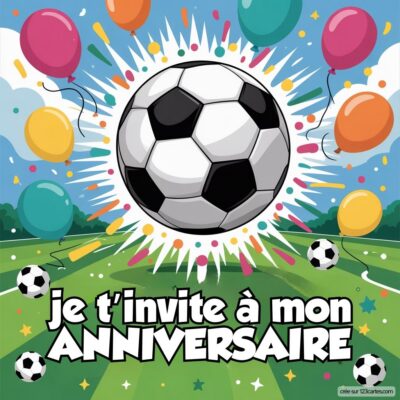 Invitation d'anniversaire virtuelle pour enfants, thème foot, avec ballon de foot au centre et des ballons colorés en arrière-plan.