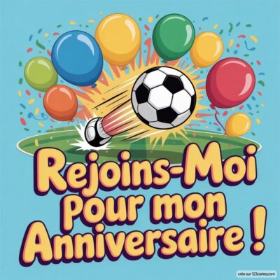 Invitation à un anniversaire virtuel pour enfants sur le thème du foot, avec un ballon de foot et des ballons colorés.