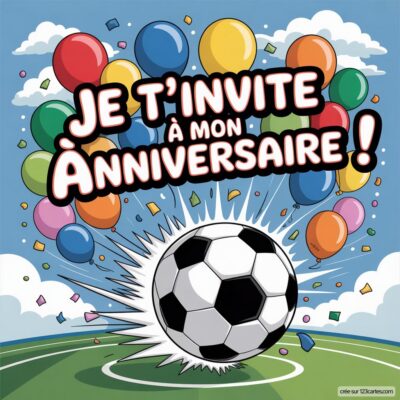 Invitation virtuelle pour un anniversaire sur le thème du foot, avec un ballon, des confettis et des ballons colorés.
