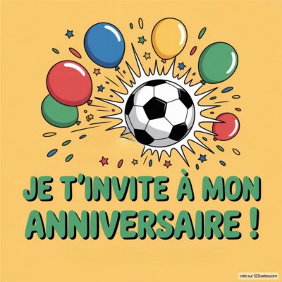 Invitation d'anniversaire virtuelle sur le thème du foot, avec un ballon noir et blanc et des ballons colorés sur fond jaune.