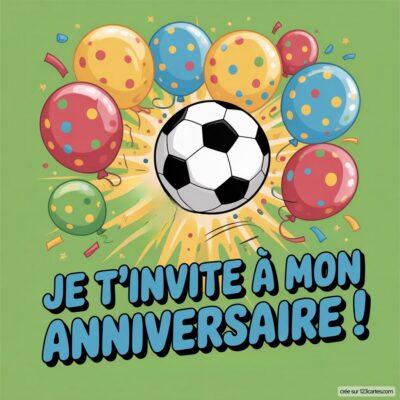 Invitation d'anniversaire virtuelle pour enfants, thème football, avec un ballon de foot et des ballons colorés sur fond vert.