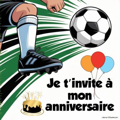 Invitation anniversaire virtuelle pour enfants, thème football : un enfant dribble un ballon avec des ballons et un gâteau en fond.
