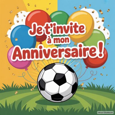 Invitation d'anniversaire virtuelle pour enfants, thème football : ballon de foot au centre, décorée de ballons colorés et confettis.