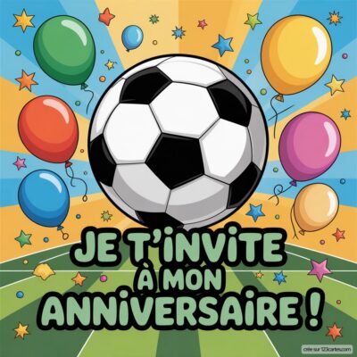 Invitation colorée pour un anniversaire sur le thème du foot, avec un ballon de soccer et des ballons festifs.