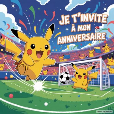 Invitation d'anniversaire virtuelle sur le thème du foot avec Pikachu jouant au ballon dans un stade coloré et festif.