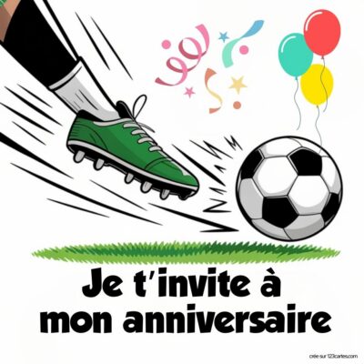 Un joueur de football frappe un ballon avec des confettis et des ballons en arrière-plan, invitation à un anniversaire.