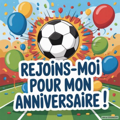 Invitation d'anniversaire virtuelle pour enfants sur le thème du foot, avec un ballon noir et blanc et des ballons colorés.
