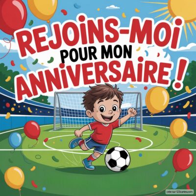 Enfant souriant sur un terrain de foot, tenant un ballon, entouré de ballons colorés et du message d'invitation d'anniversaire.