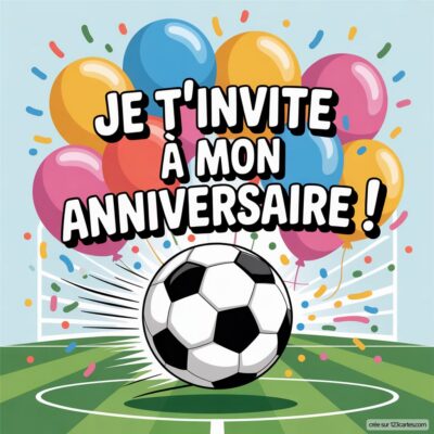 Invitation anniversaire virtuelle sur le thème du foot, avec un ballon noir et blanc, des ballons colorés en arrière-plan et des confettis.