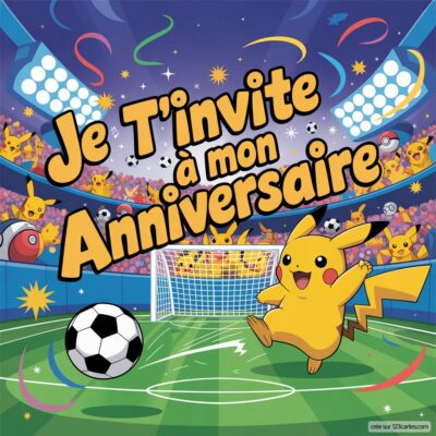 Invitation anniversaire virtuelle pour enfants avec Pikachu jouant au football, entouré de fans joyeux et de lumières festives.