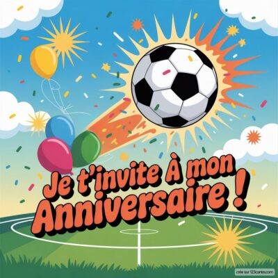 Invitation anniversaire virtuelle pour enfants, thème foot : ballon de foot au centre, confettis colorés et ballons sur fond ensoleillé.