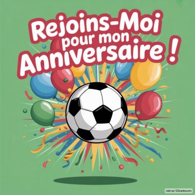 Invitation colorée pour un anniversaire virtuel sur le thème du foot, avec un ballon de football et des ballons de fête.