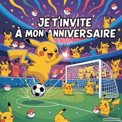 Invitation anniversaire virtuelle sur le thème du foot avec Pikachu marquant un but, entouré de nombreux autres Pikachu joyeux.