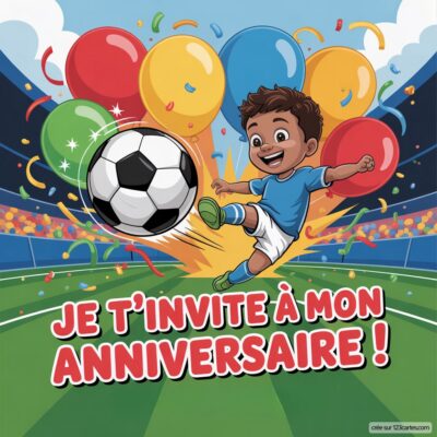 Invitation anniversaire virtuelle pour enfants avec un garçon souriant jouant au foot, entouré de ballons colorés.