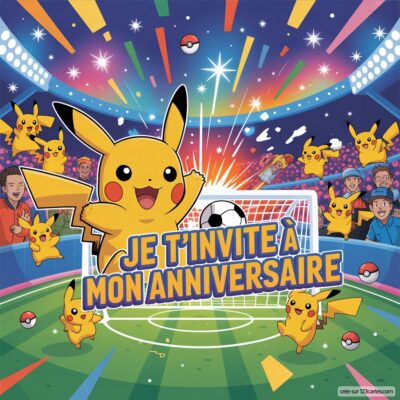 Invitation anniversaire virtuelle sur le thème du foot : Pikachu joue au football au sein d'un stade rempli de fans joyeux.