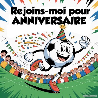 Invitation anniversaire virtuelle pour enfants sur le thème du foot, avec un ballon souriant et des enfants en arrière-plan.