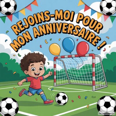 Invitation d'anniversaire virtuelle pour enfants, thème foot : un enfant souriant devant des ballons et un but de foot.