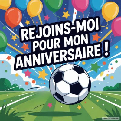 Invitation d'anniversaire virtuelle pour enfants sur le thème du foot, avec un ballon de football et des ballons colorés en arrière-plan.