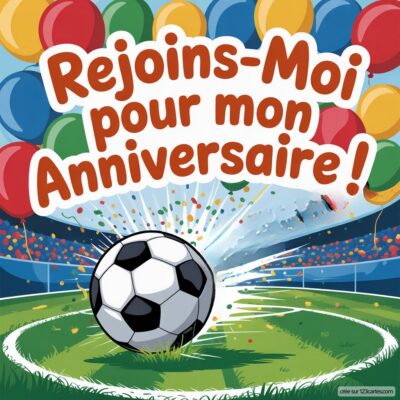 Invitation anniversaire virtuelle pour enfants sur le thème du foot, avec un ballon et des ballons colorés en arrière-plan.