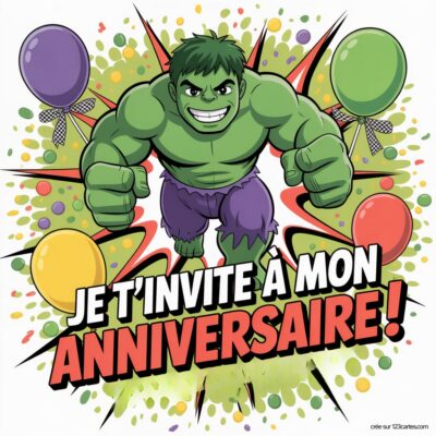 Invitation d'anniversaire virtuelle pour enfants avec Hulk en personnage central, entouré de ballons colorés et du texte « Je t'invite à mon anniversaire ! ».