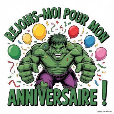 Invitation d'anniversaire virtuelle avec Hulk, fond coloré, ballons et confettis, texte « Rejoins-moi pour mon anniversaire ! ».