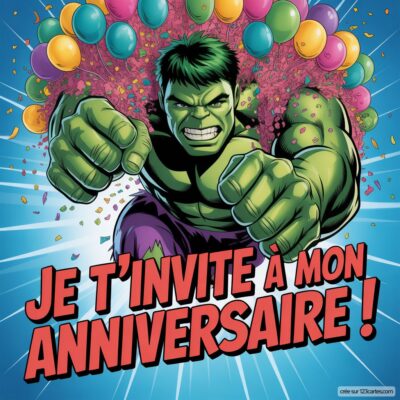 Invitation d'anniversaire virtuelle pour enfants sur le thème Hulk, avec un fond coloré et des ballons, texte « Je t'invite à mon anniversaire ! ».