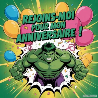 Image colorée présentant Hulk en train de frapper ses poings, entouré de ballons et de confettis avec le texte « Rejoins-moi pour mon anniversaire ! ».