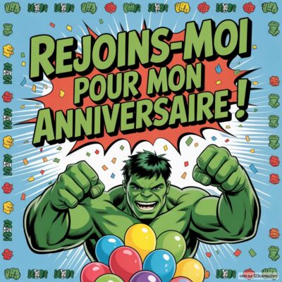 Image colorée d'une invitation anniversaire Hulk, avec des confettis et des ballons. Texte « Rejoins-moi pour mon anniversaire ! » en vedette.