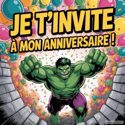 Invitation d'anniversaire virtuelle pour enfants, avec Hulk sortant d'un mur entouré de ballons colorés. Texte en haut : « Je t'invite à mon anniversaire ! »