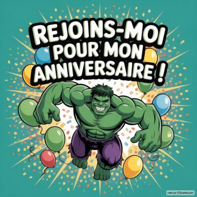 Invitation anniversaire virtuelle pour enfants : le Hulk souriant, entouré de ballons colorés, avec le texte « Rejoins-moi pour mon anniversaire ! » en grand.