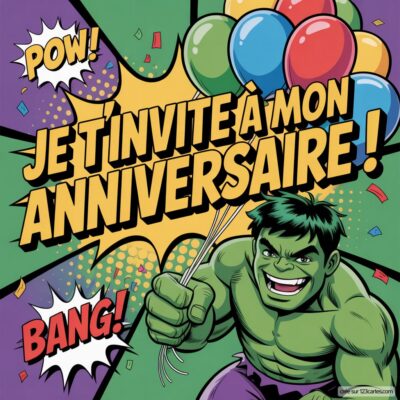 Invitation anniversaire virtuelle pour enfants avec Hulk portant des ballons, le tout sur un fond coloré et festif.