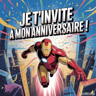 Invitation d'anniversaire virtuelle pour enfants, thème Iron Man : héros en vol avec fond coloré et texte festif.