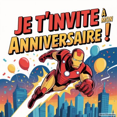Invitation d'anniversaire virtuelle avec Iron Man en vol, entouré de ballons colorés et d'une ville en arrière-plan.