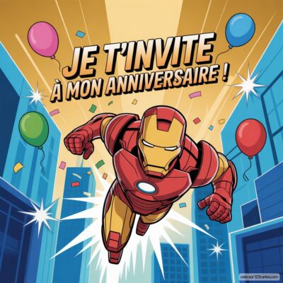 Invitation d'anniversaire virtuelle avec Iron Man volant entre des immeubles, accompagnée de ballons colorés et de confettis.