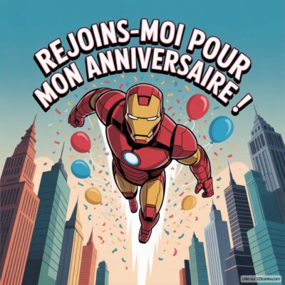 Invitation anniversaire virtuelle pour enfants avec Iron Man en vol, entouré de confettis et de ballons colorés.