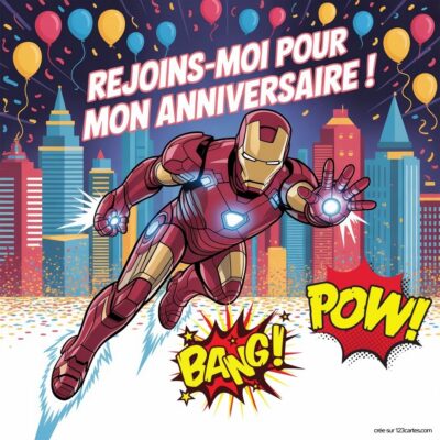Invitation d'anniversaire virtuelle pour enfants sur le thème Iron Man, avec Iron Man en action et des ballons colorés en arrière-plan.