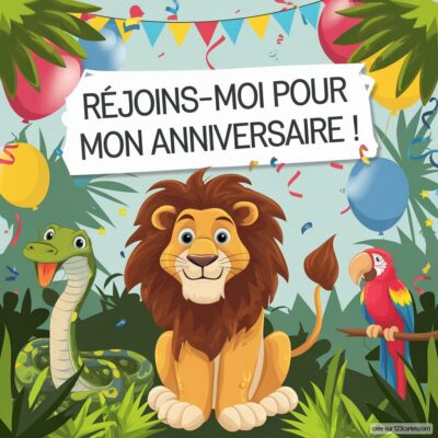 Invitation d'anniversaire virtuelle sur le thème de la jungle, avec un lion, un serpent et un perroquet entourés de ballons.