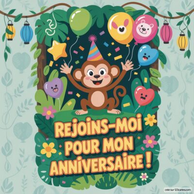 Invitation d'anniversaire pour enfants sur le thème de la jungle, avec un singe joyeux tenant des ballons colorés et entouré de feuillage.