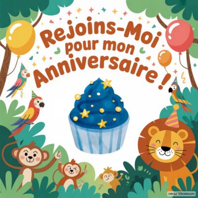 Invitation d'anniversaire virtuelle sur le thème de la jungle avec un cupcake bleu et des animaux amusants entourés de ballons.