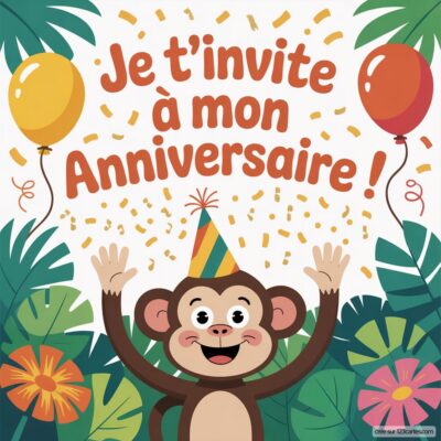Invitation d'anniversaire virtuelle pour enfants, avec un singe souriant portant un chapeau de fête, des ballons et des plantes tropicales.