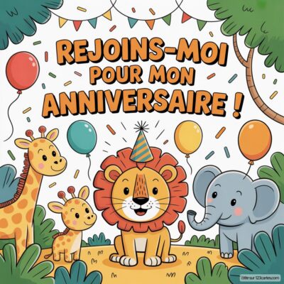 Invitation d'anniversaire virtuelle pour enfants sur le thème de la jungle, avec des animaux joyeux et des ballons colorés.