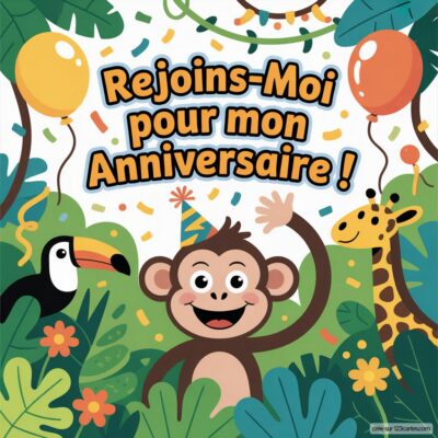 Invitation d'anniversaire virtuelle avec un singe souriant, un toucan et une girafe, entourés de feuillage et de ballons colorés.